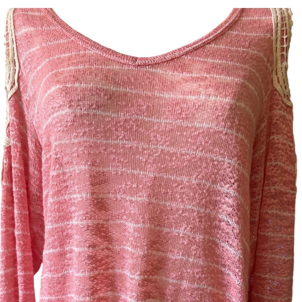 Tru Self Pink Striped Knit Top XL Crochet Lace Shoulder Long Sleeve V-Neck Boho